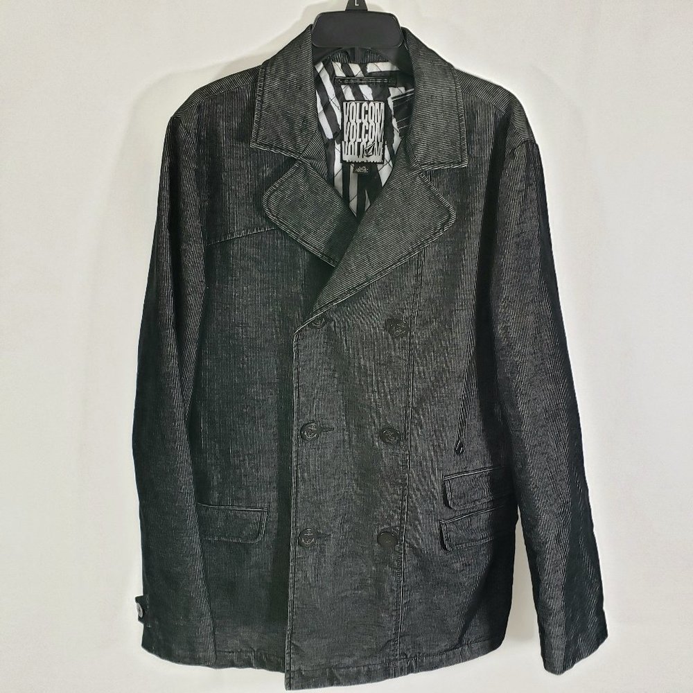 Volcom Double Breasted Corduroy Pinstripe Pea Jacket LARGE Black Polyester Fill